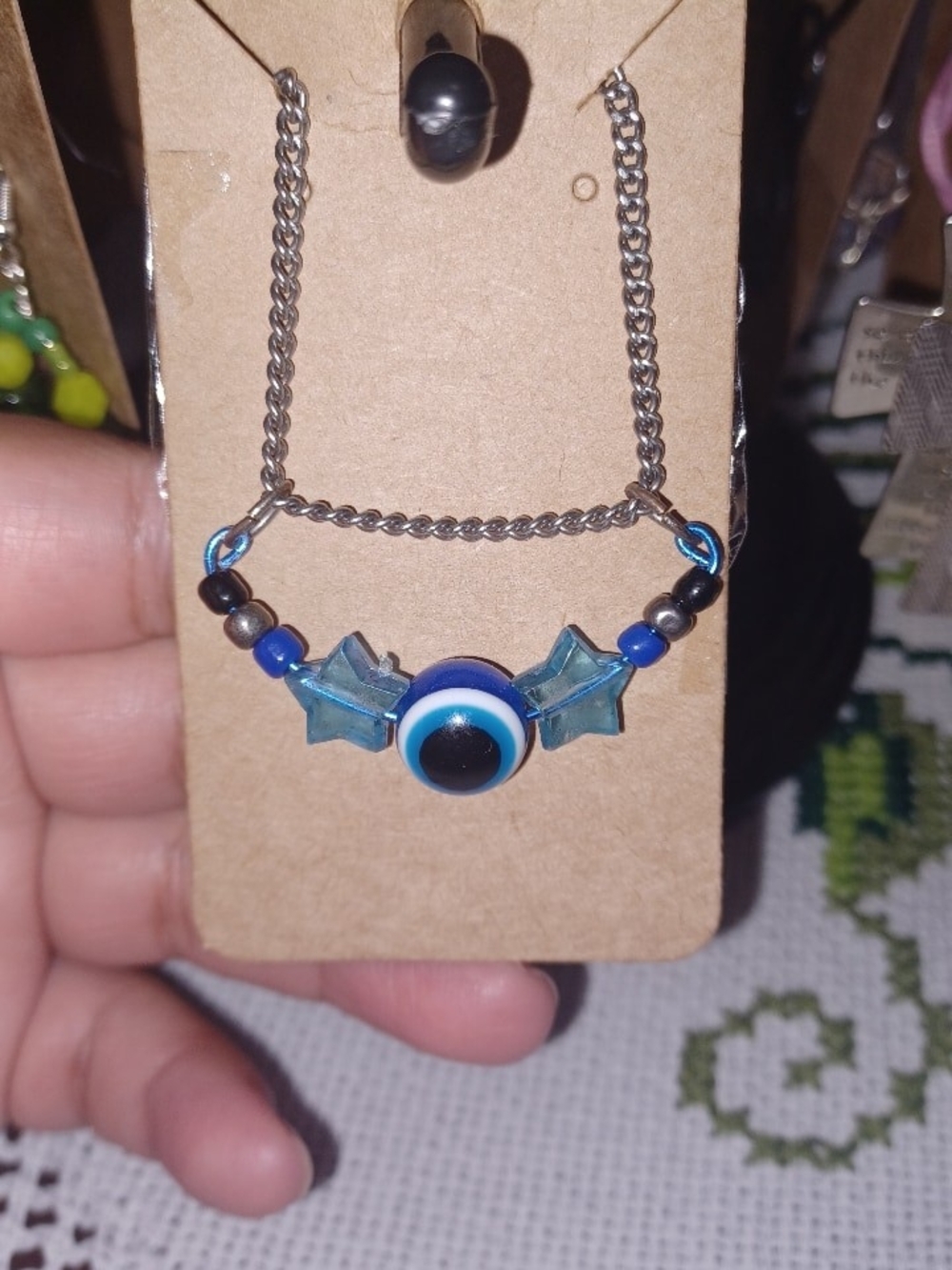 Blue Star Evil Eye Pendant Necklace in Silver-Tone Chain